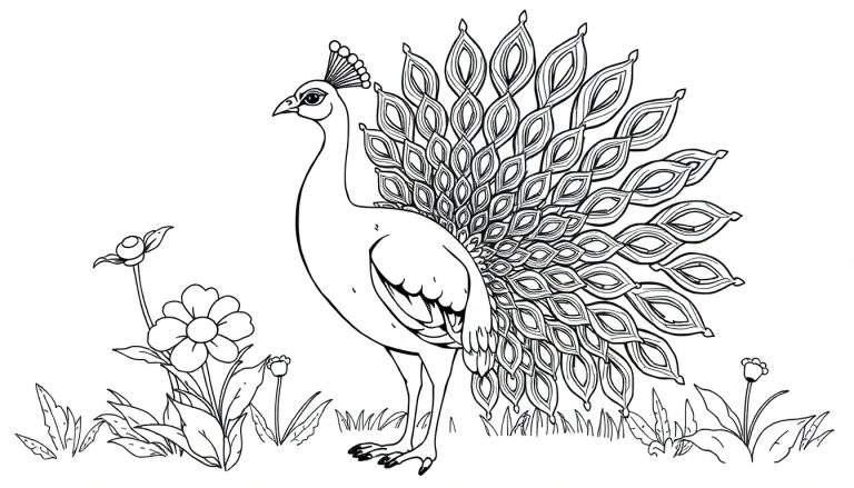 Placa de color de un pavo real listo para pintar en un jardín.