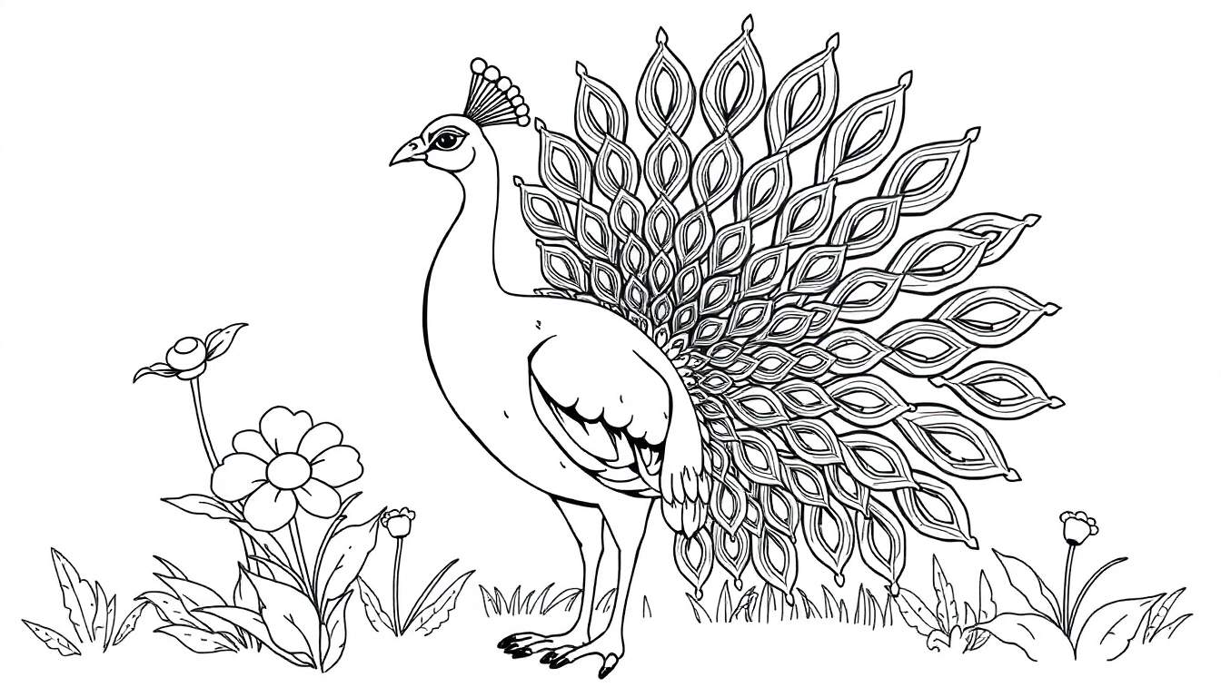 Placa de color de un pavo real listo para pintar en un jardín.