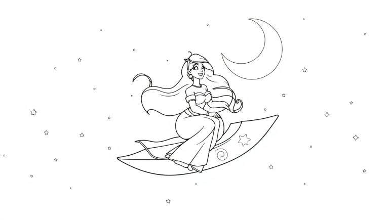Placa de color de la Princesa Jasmín volando en su alfombra mágica bajo la luna y estrellas.