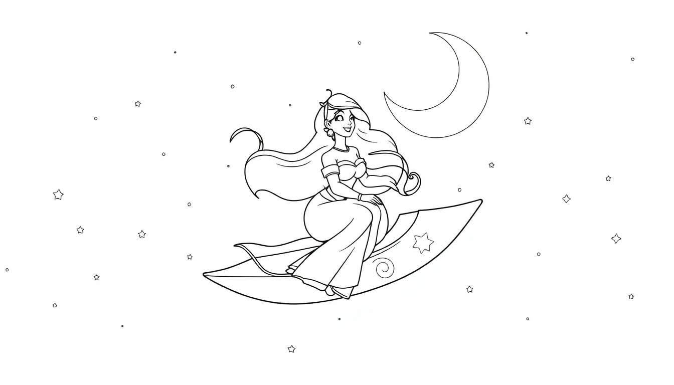 Placa de color de la Princesa Jasmín volando en su alfombra mágica bajo la luna y estrellas.