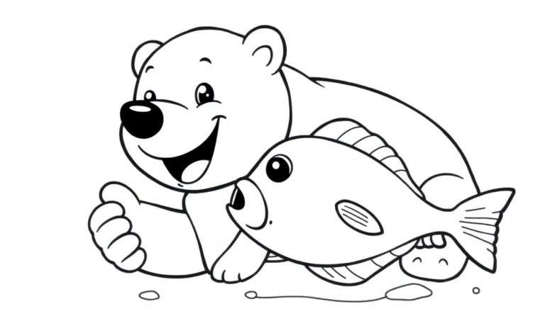 Oso polar sonriente dando un pulgar arriba junto a un pez de hielo, listo para colorear en esta placa.