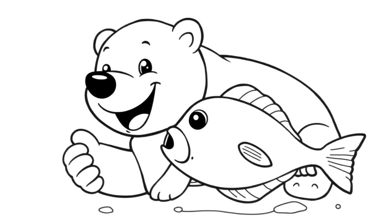 Oso polar sonriente dando un pulgar arriba junto a un pez de hielo, listo para colorear en esta placa.