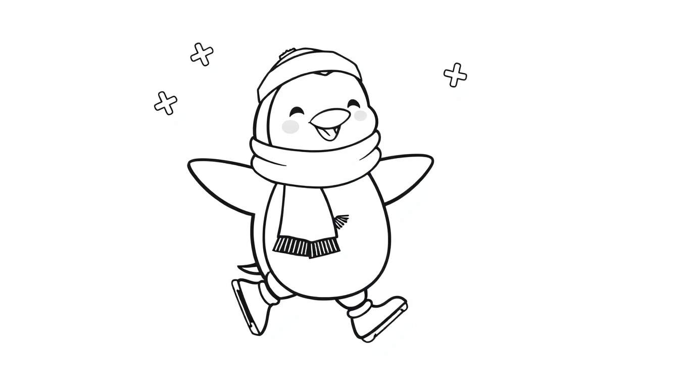 Placa de color de un pingüino animado feliz con gorro y bufanda patinando sobre hielo, con copos de nieve.