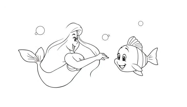 Placa de color de la sirenita Ariel y Flounder jugando en el océano.