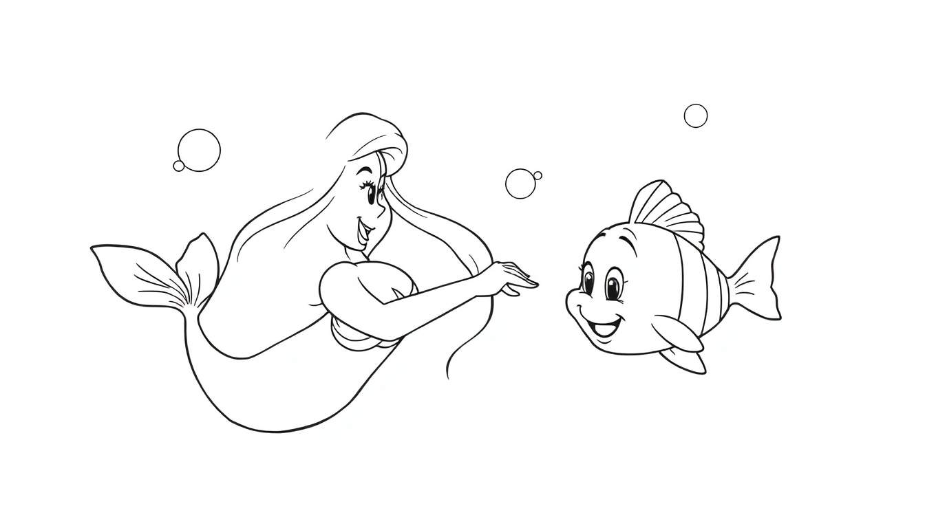 Placa de color de la sirenita Ariel y Flounder jugando en el océano.