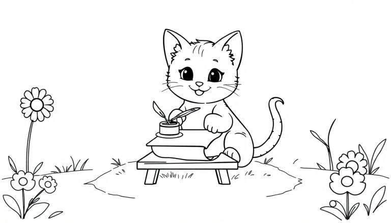 Gatito practicando caligrafía en una placa de color.