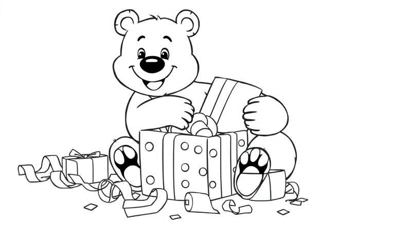 Placa de color de un oso de peluche feliz abriendo un regalo de cumpleaños.