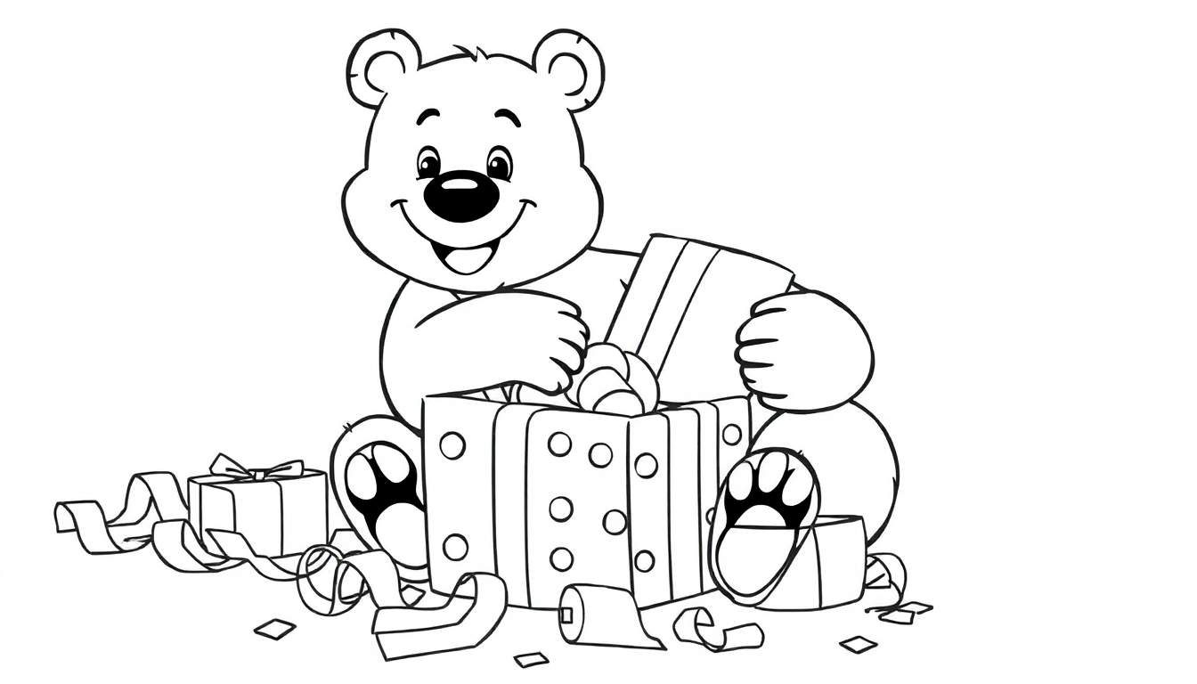Placa de color de un oso de peluche feliz abriendo un regalo de cumpleaños.