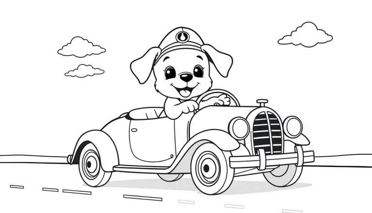 Cachorro Ford conduciendo un coche clásico, listo para colorear.