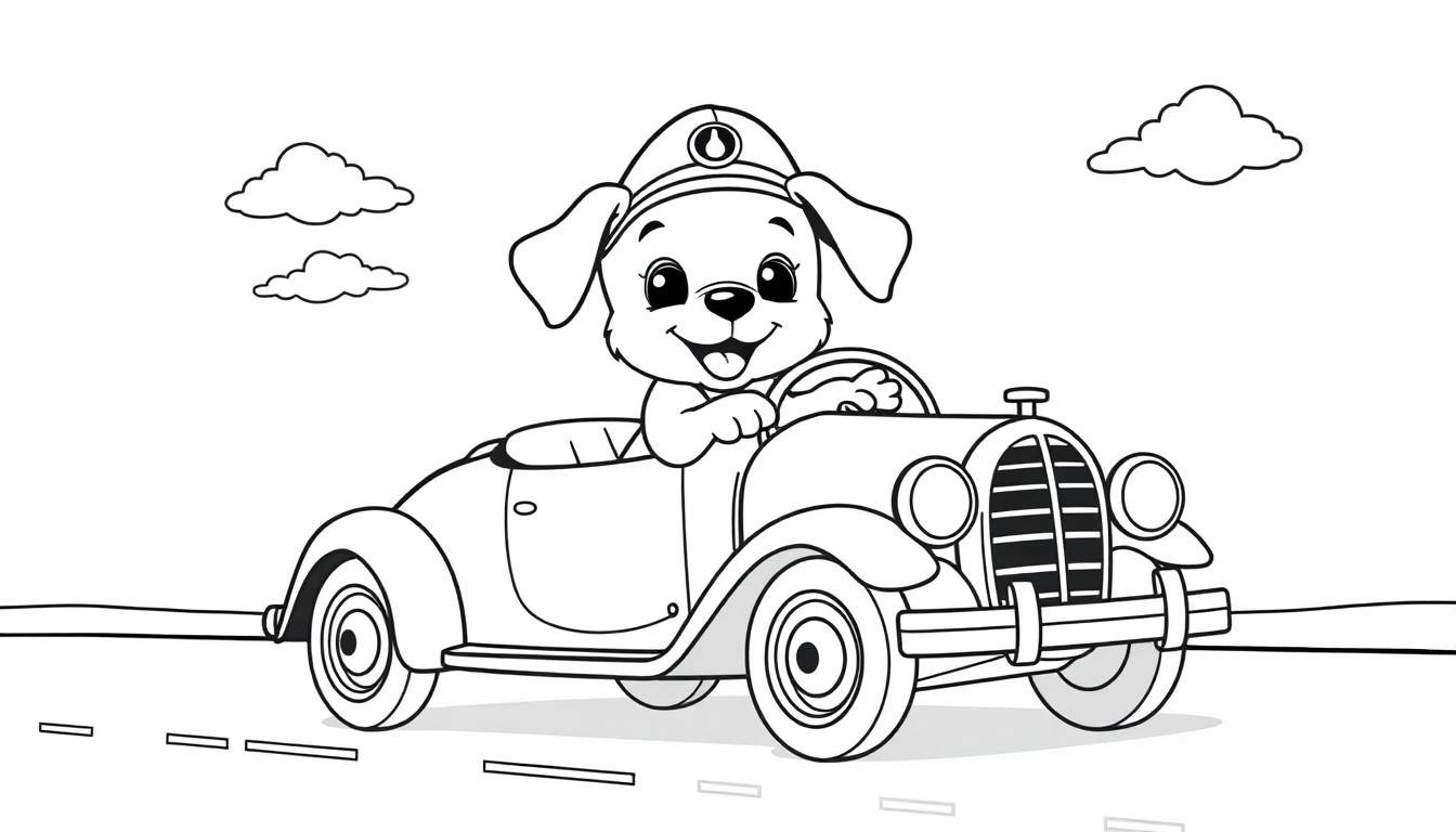 Cachorro Ford conduciendo un coche clásico, listo para colorear.