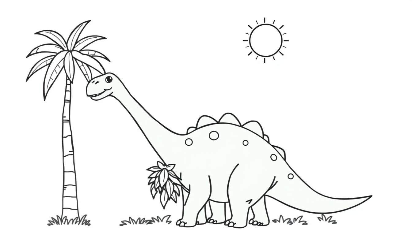 Un dibujo lineal de un dinosaurio saurópodo sonriente con un pequeño arbusto adherido a su costado, de pie junto a una palmera, con un sol simple en la esquina superior derecha. Es una imagen para colorear o ilustración infantil, posiblemente de un braquiosaurio o diplodocus, con vegetación en la base.