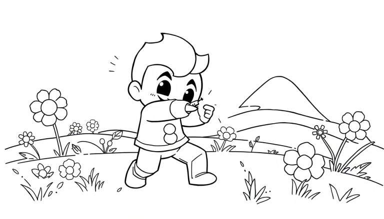 Un niño de dibujos animados con la camiseta del número 8 corriendo en un campo floral, apuntando un dedo, listo para la placa de color.