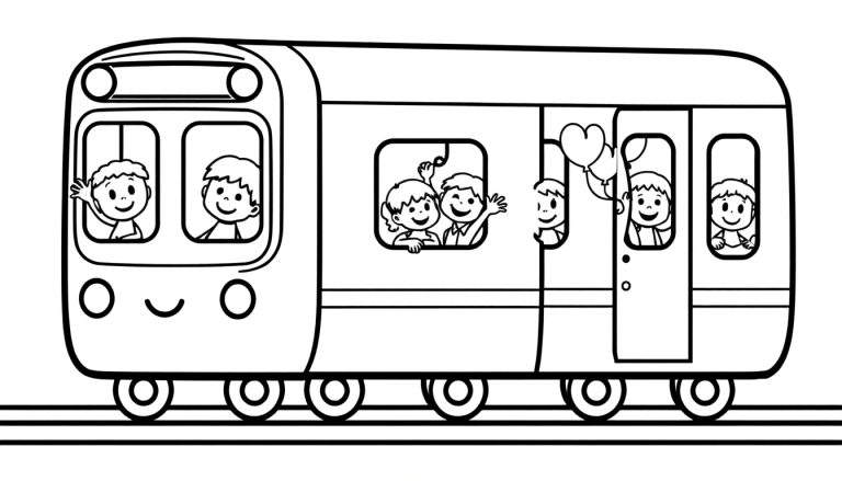 Placa de color de un tren sonriente con niños saludando.
