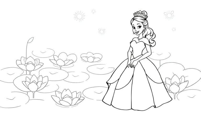 Placa de color de la Princesa Tiana con vestido de gala junto a un estanque de nenúfares.