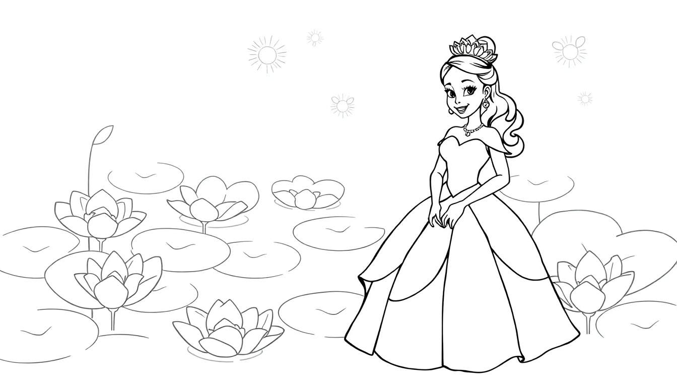 Placa de color de la Princesa Tiana con vestido de gala junto a un estanque de nenúfares.
