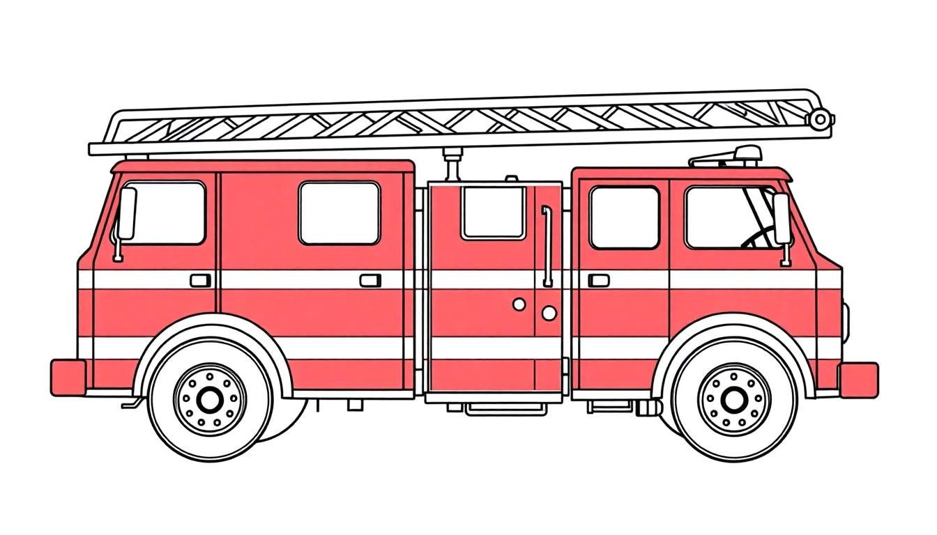 Ilustración de un camión de bomberos rojo con una placa de color blanco y negro.