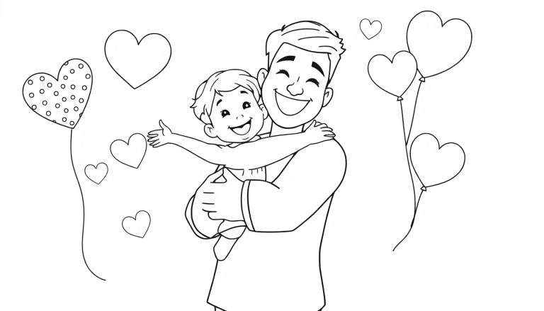 Una placa de color para colorear muestra a un papá y su hijo abrazándose con globos en forma de corazón.