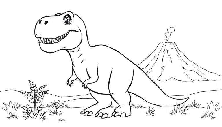 Un dibujo de Tiranosaurio Rex sonriente en un paisaje prehistórico, listo para la placa de color.