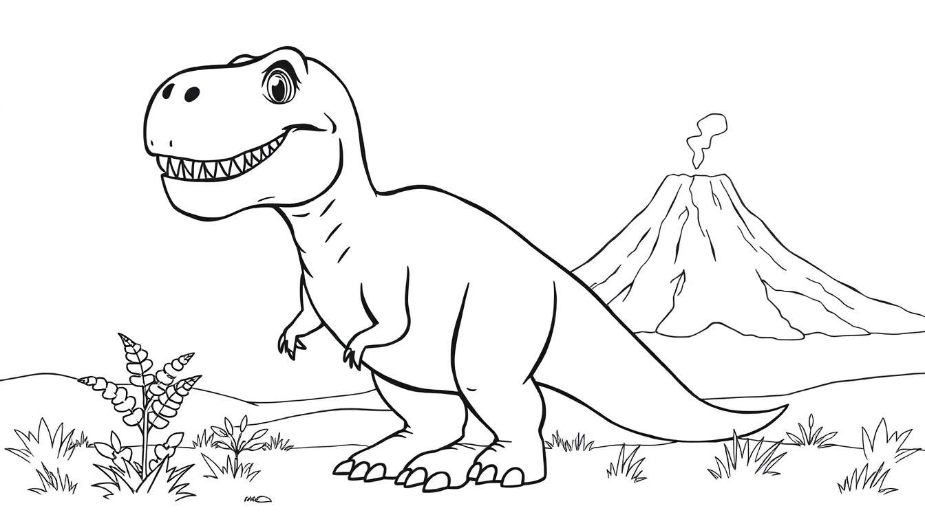 Un dibujo de Tiranosaurio Rex sonriente en un paisaje prehistórico, listo para la placa de color.