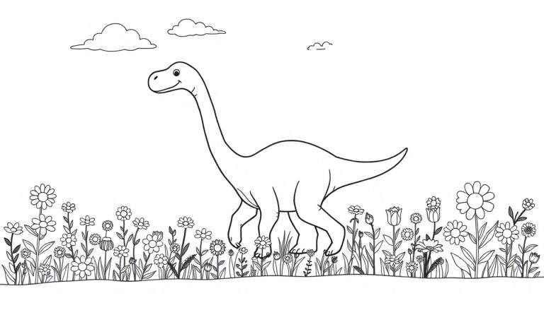 Dibujo en blanco y negro de un Diplodocus amigable caminando entre flores, listo para colorear.