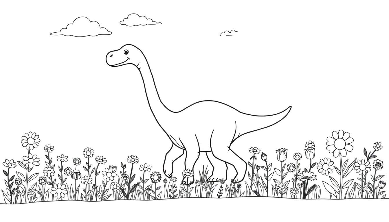 Dibujo en blanco y negro de un Diplodocus amigable caminando entre flores, listo para colorear.