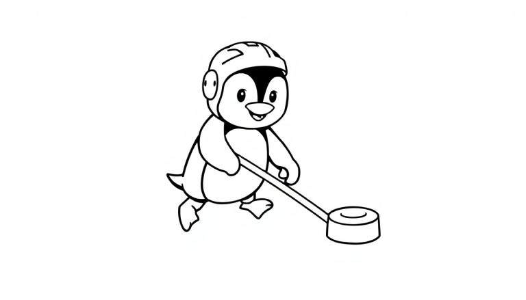 Placa de color de un pingüino amigable con casco de hockey