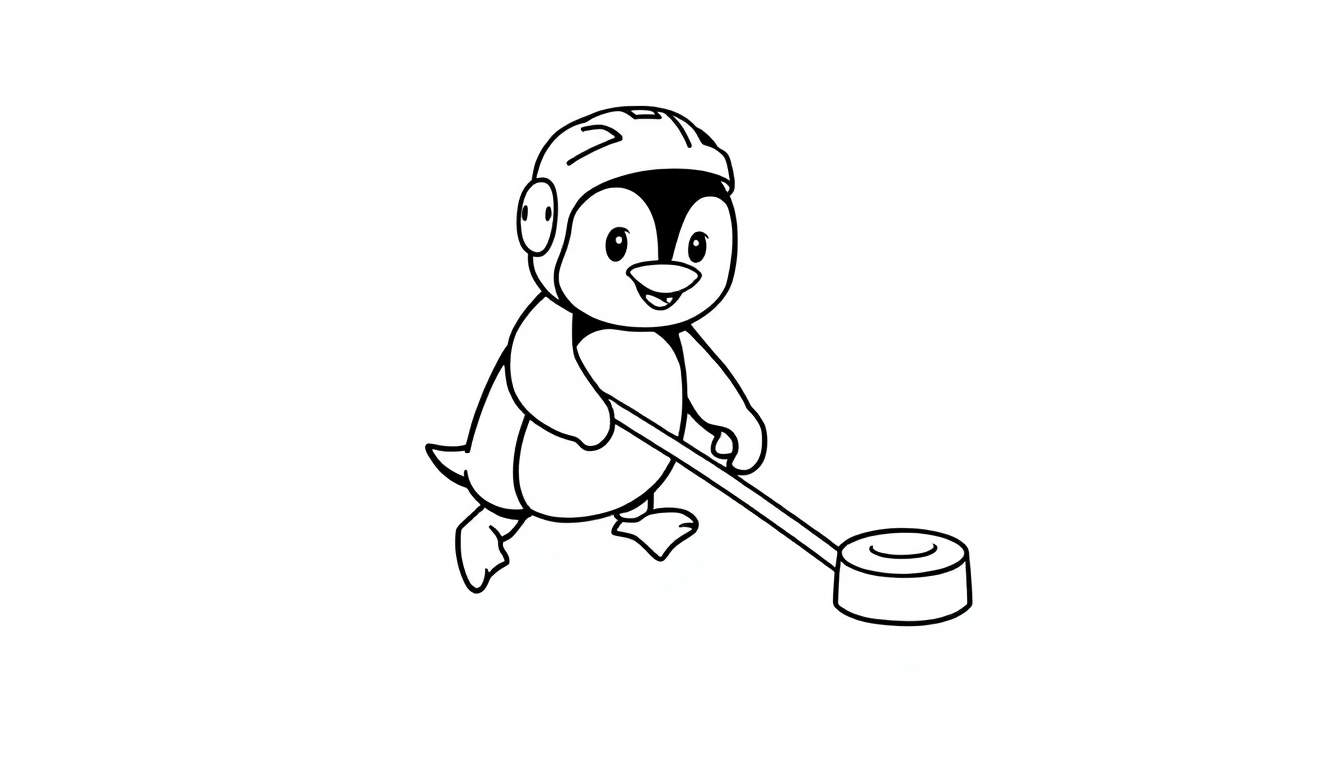 Placa de color de un pingüino amigable con casco de hockey