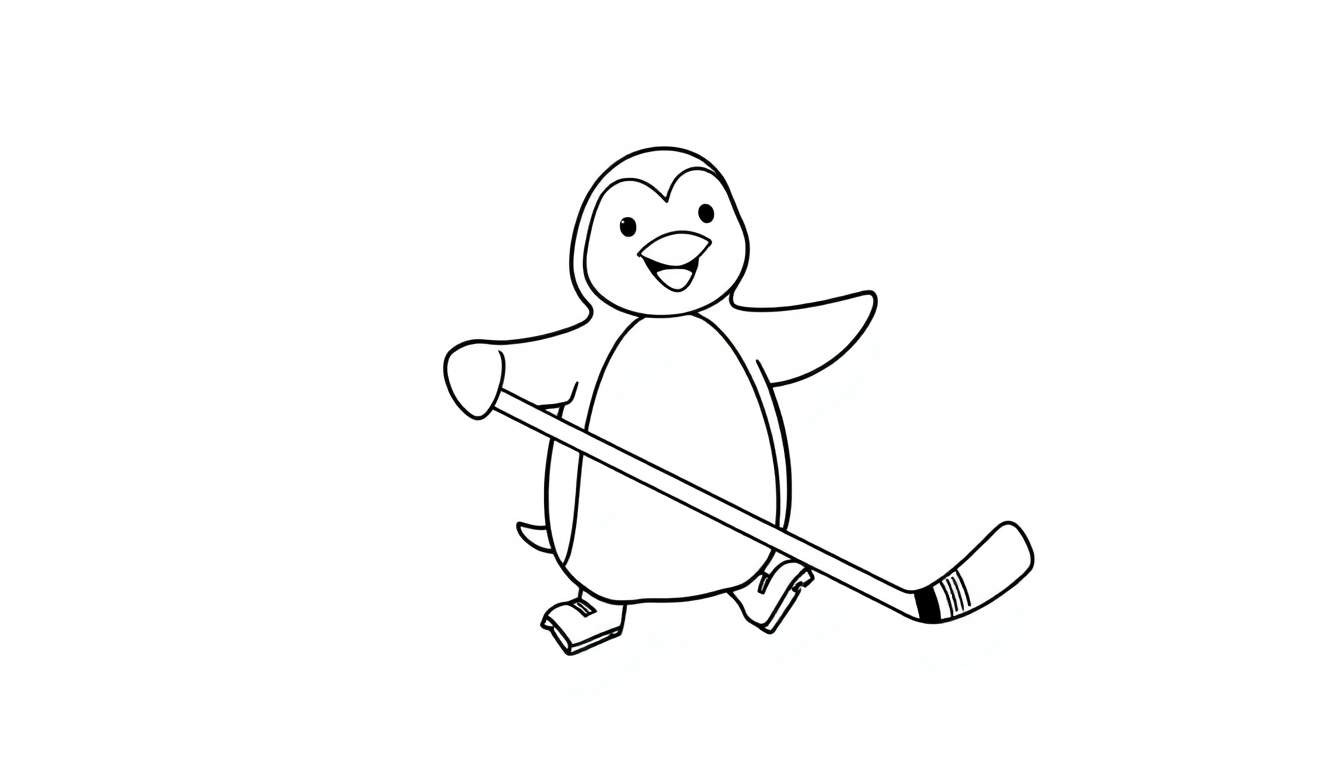 Placa de color de un pingüino feliz jugando al hockey.