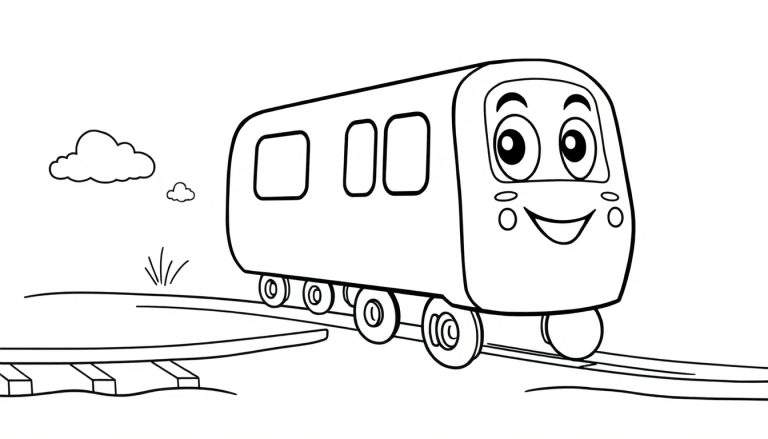 Un tren de dibujos animados sonriente y alegre, listo para ser coloreado, con vías y un fondo sencillo para una placa de color.
