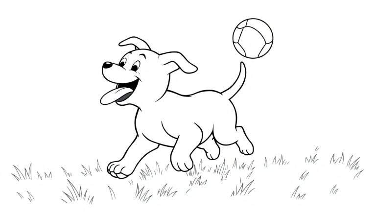 Un perrito feliz corriendo en el césped con una pelota, listo para ser coloreado en esta placa de color.
