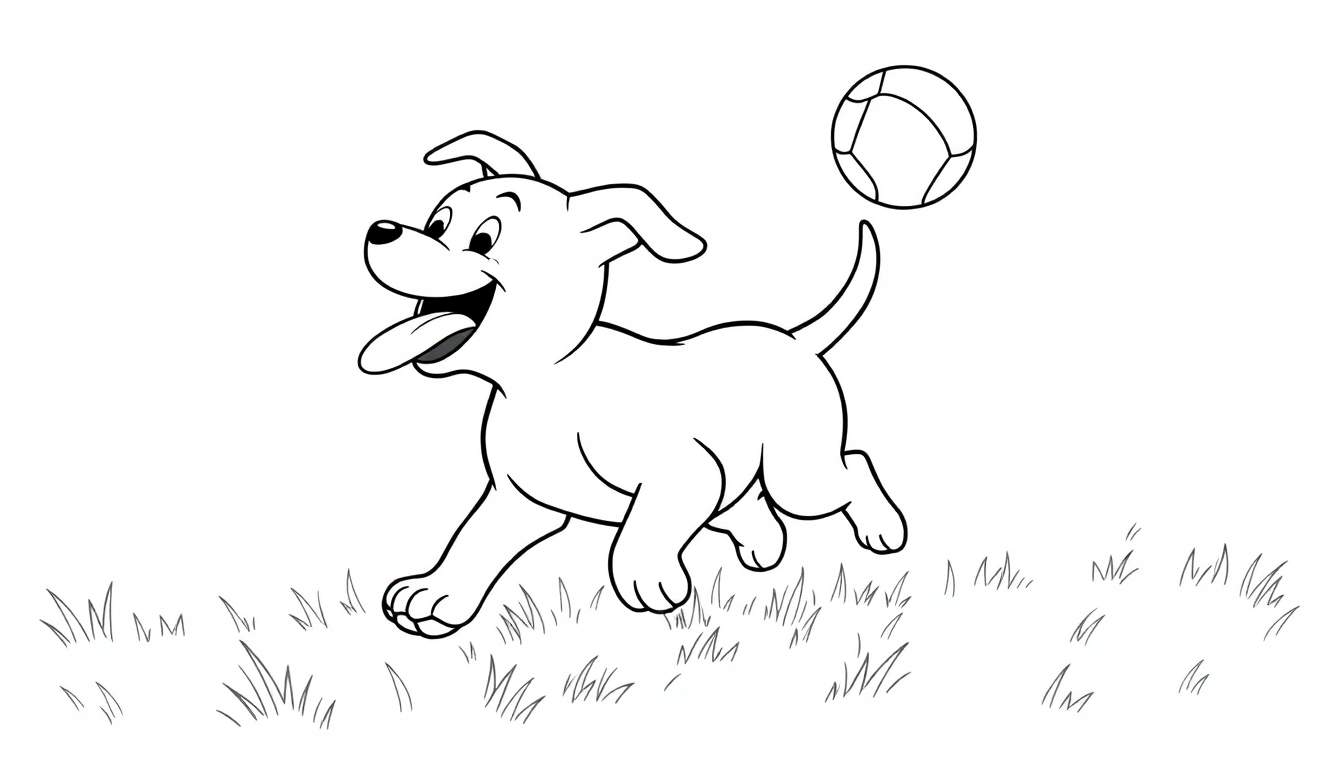 Un perrito feliz corriendo en el césped con una pelota, listo para ser coloreado en esta placa de color.