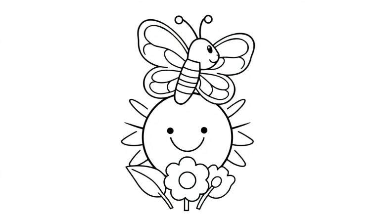 Placa de color con un sol sonriente, mariposa, flor y hoja.