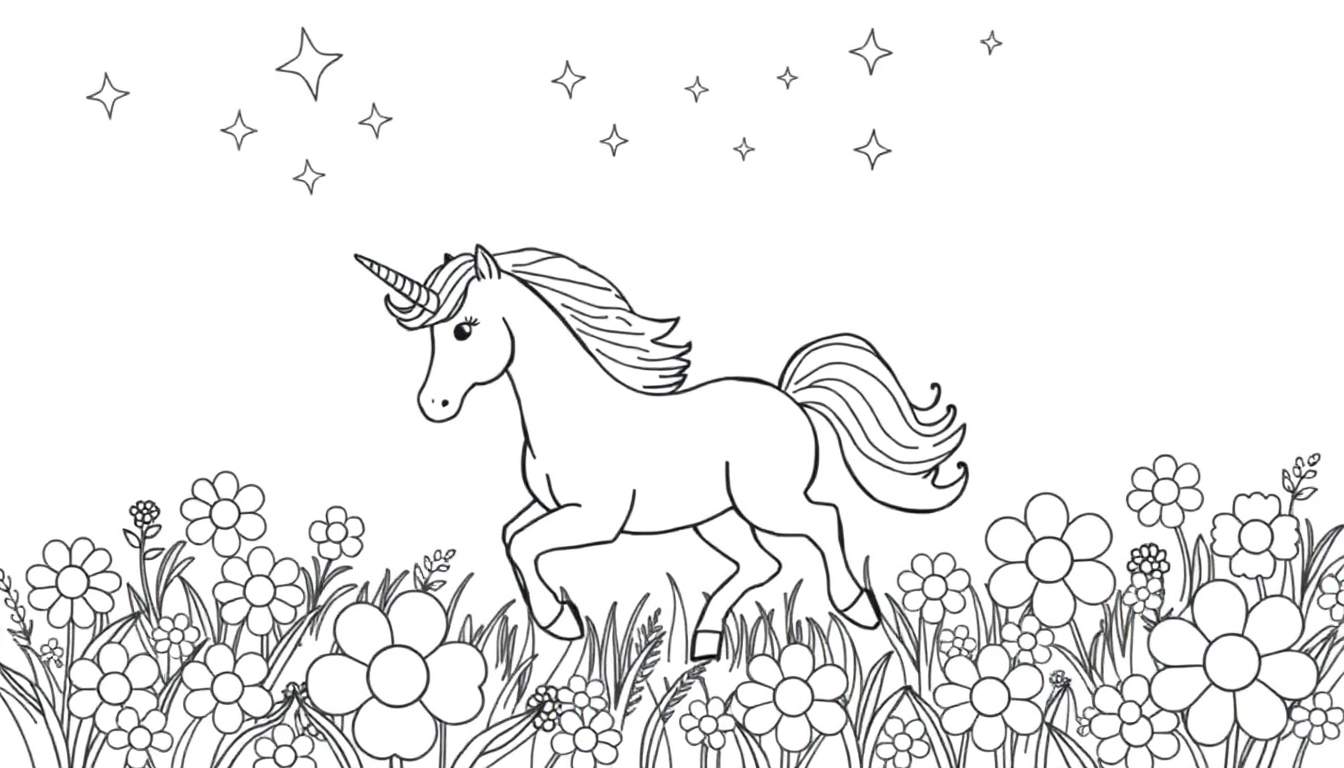 Placa de color de un unicornio galopando en un campo de flores bajo un cielo estrellado.