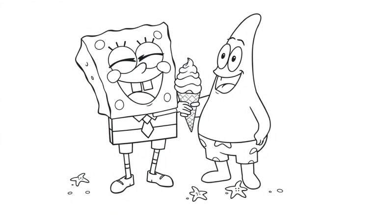 Bob Esponja y Patricio disfrutando de un helado, listo para colorear.