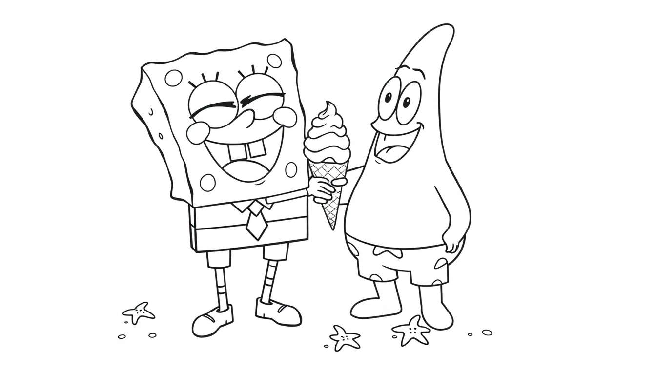 Bob Esponja y Patricio disfrutando de un helado, listo para colorear.