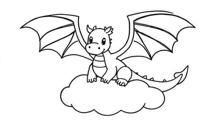 Placa de color de dragón amigable sentado en una nube.