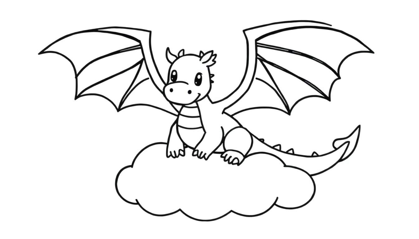Placa de color de dragón amigable sentado en una nube.