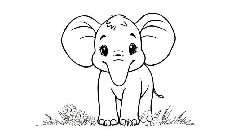 Placa de color de un elefante bebé dibujado a mano.