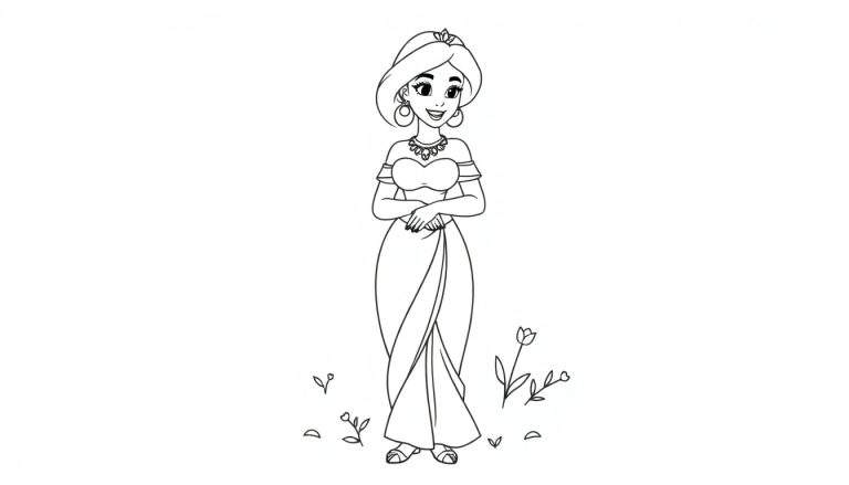 Página para colorear de la princesa Jasmine, con su placa de color lista para pintar.