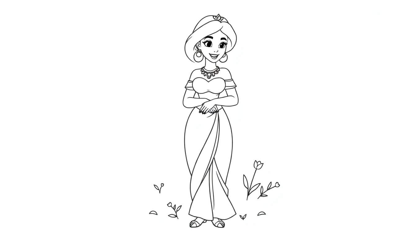 Página para colorear de la princesa Jasmine, con su placa de color lista para pintar.