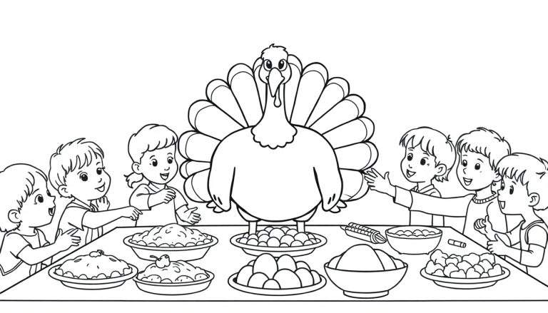 Placa de color en blanco y negro de un pavo y niños celebrando Acción de Gracias.