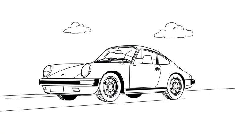 Dibujo de coche deportivo Porsche para colorear con líneas gruesas, listo para añadirle color en su placa de color.