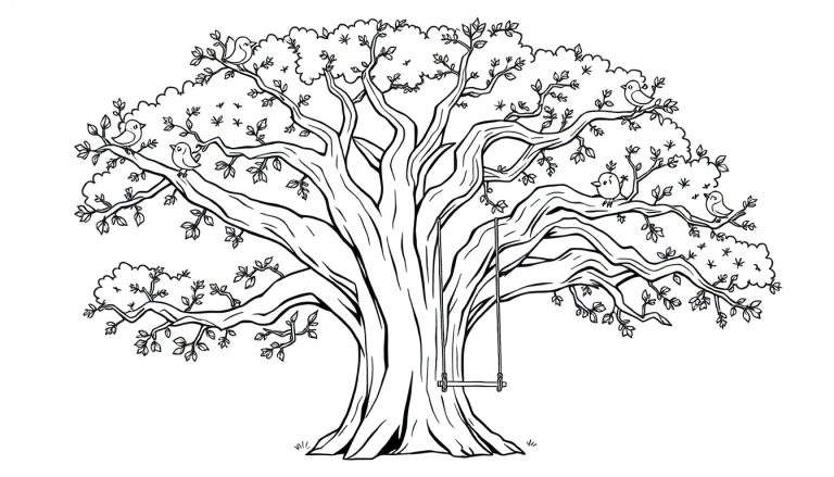 Placa de color de un árbol frondoso con un columpio y pájaros.