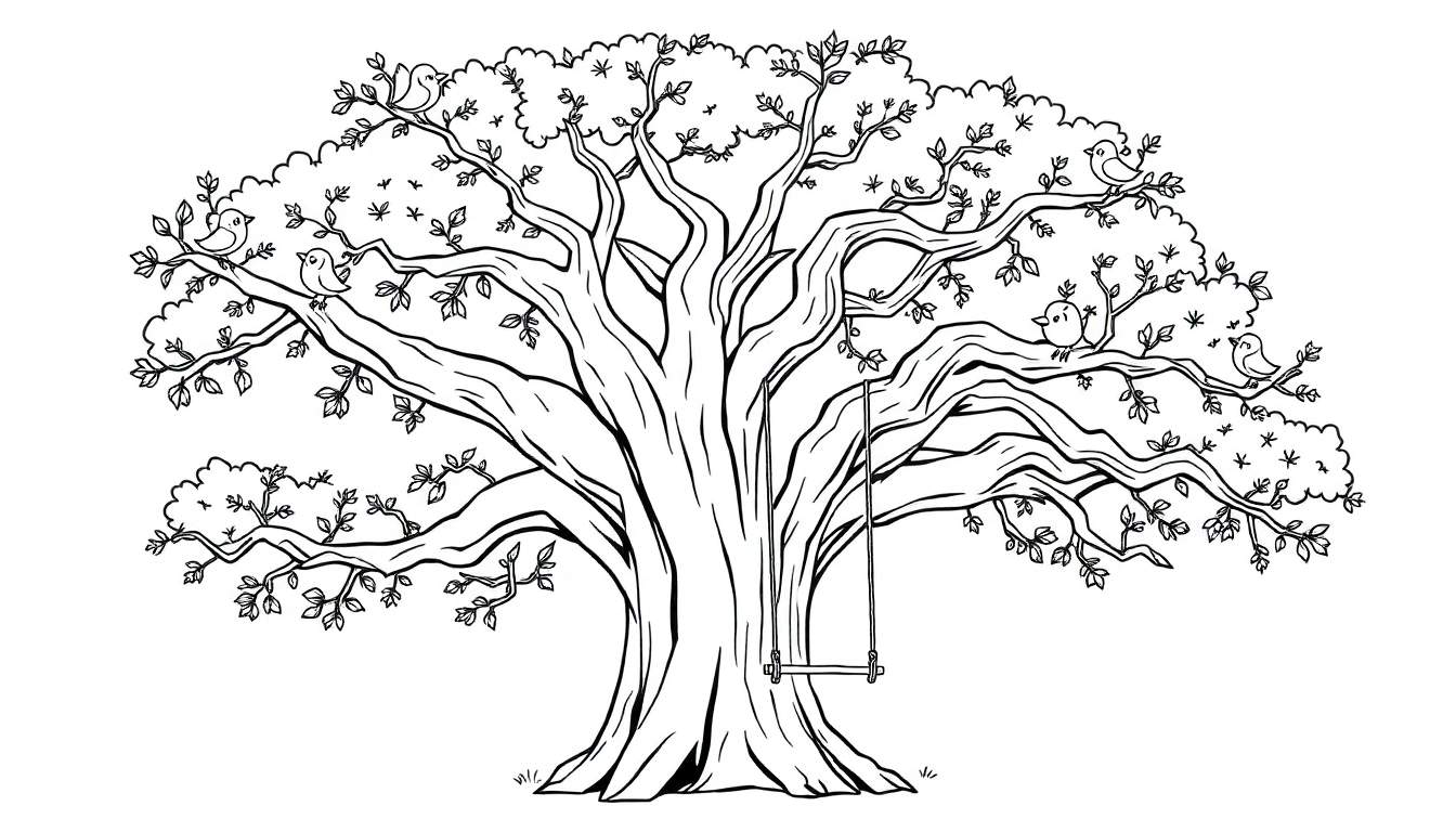 Placa de color de un árbol frondoso con un columpio y pájaros.