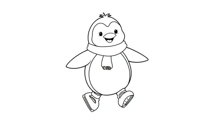Placa de color de un pingüino sonriente con bufanda y patines de hielo.