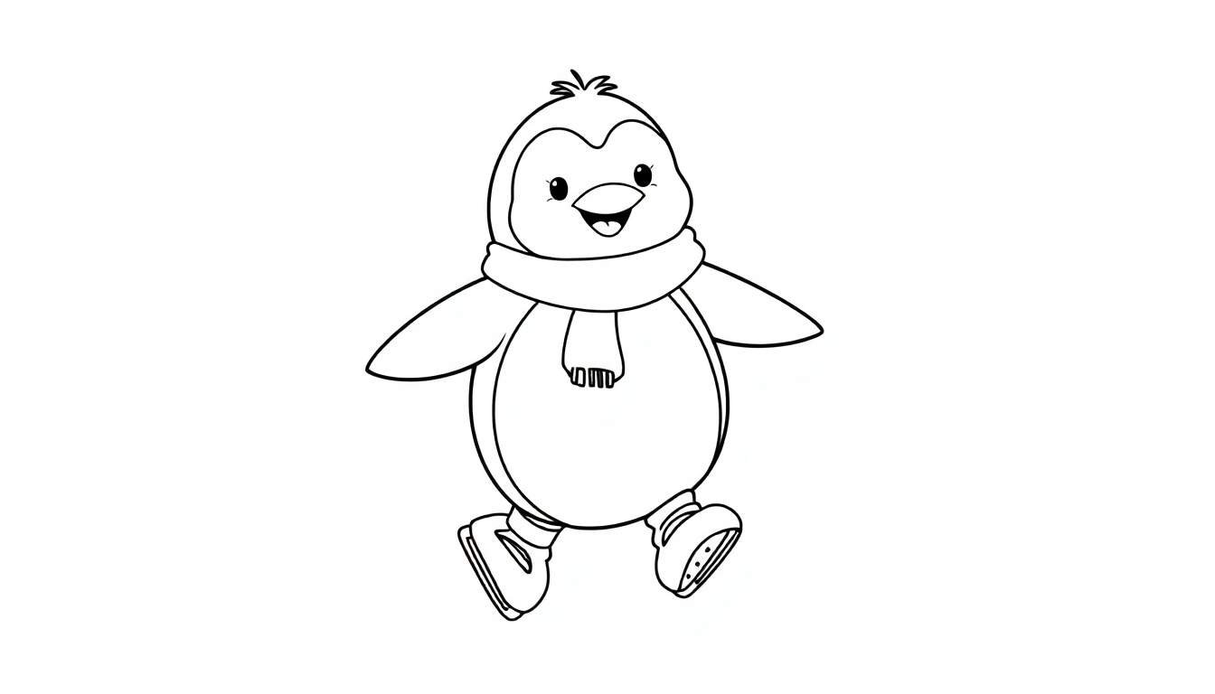 Placa de color de un pingüino sonriente con bufanda y patines de hielo.