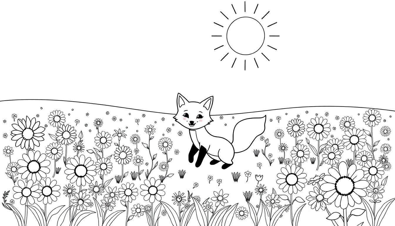 Una placa de color de un zorro amigable en un campo de flores bajo el sol.