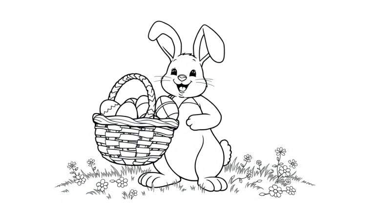 Placa de color de un conejito de Pascua feliz con una canasta llena de huevos.