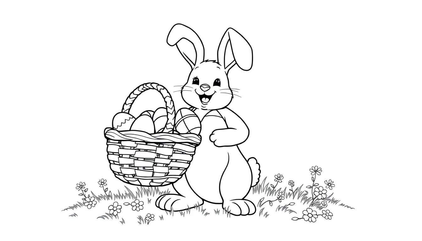Placa de color de un conejito de Pascua feliz con una canasta llena de huevos.