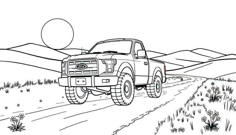 Camión Ford F-150 para colorear con un sol sonriente en un paisaje desértico, listo para la placa de color.